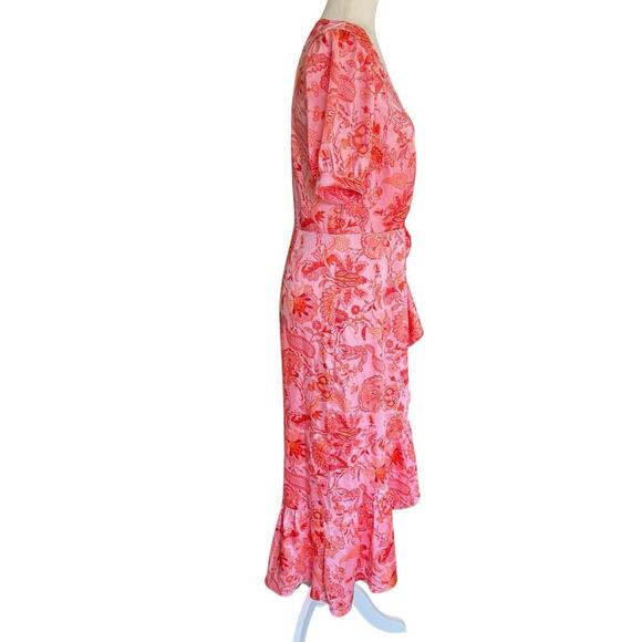 Cinq a Sept Kay Ruffle Midi Dress English Rose Pink Orange Floral Sz 6 Fairycore - Picture 7 of 13